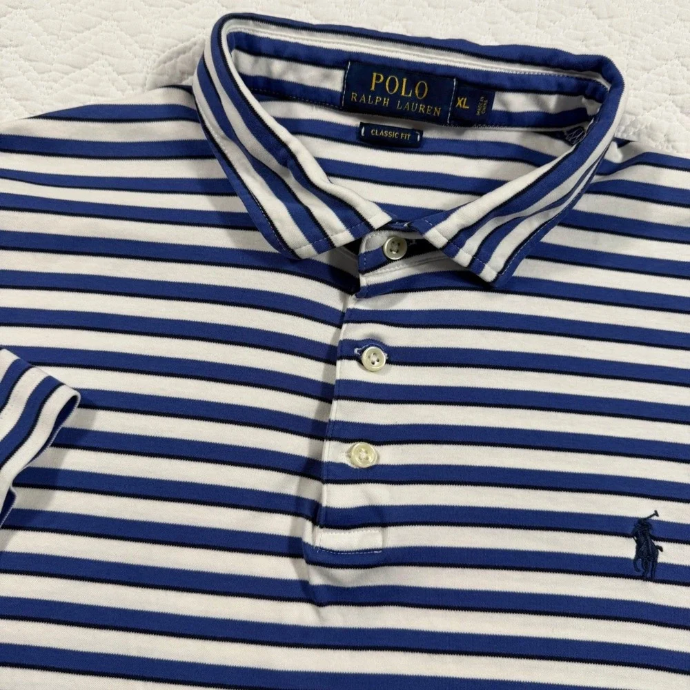 Polo Ralph Lauren Classic Fit Blue White Stripe Polo Shirt Mens XL 100% Cotton‎